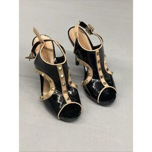 Schutz Patent Heels Navy Blue Tan Studded Stilettos Open Toe Leather Sz 9 Brazil